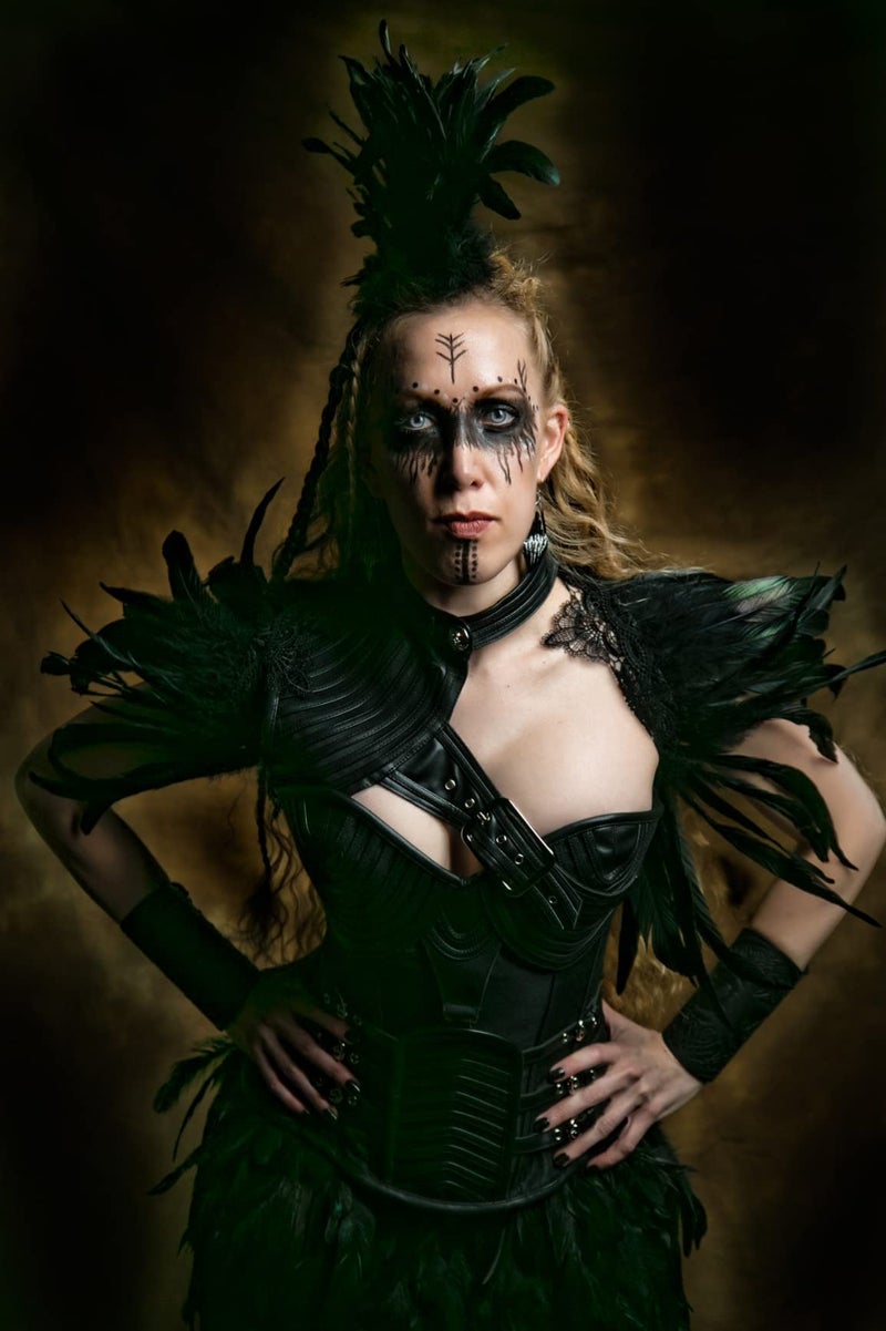 L'VOW Black Crow Feather Cape Shawl Stand Up Collar Halloween Devil Wings Witch Costume(Black) - Image 3